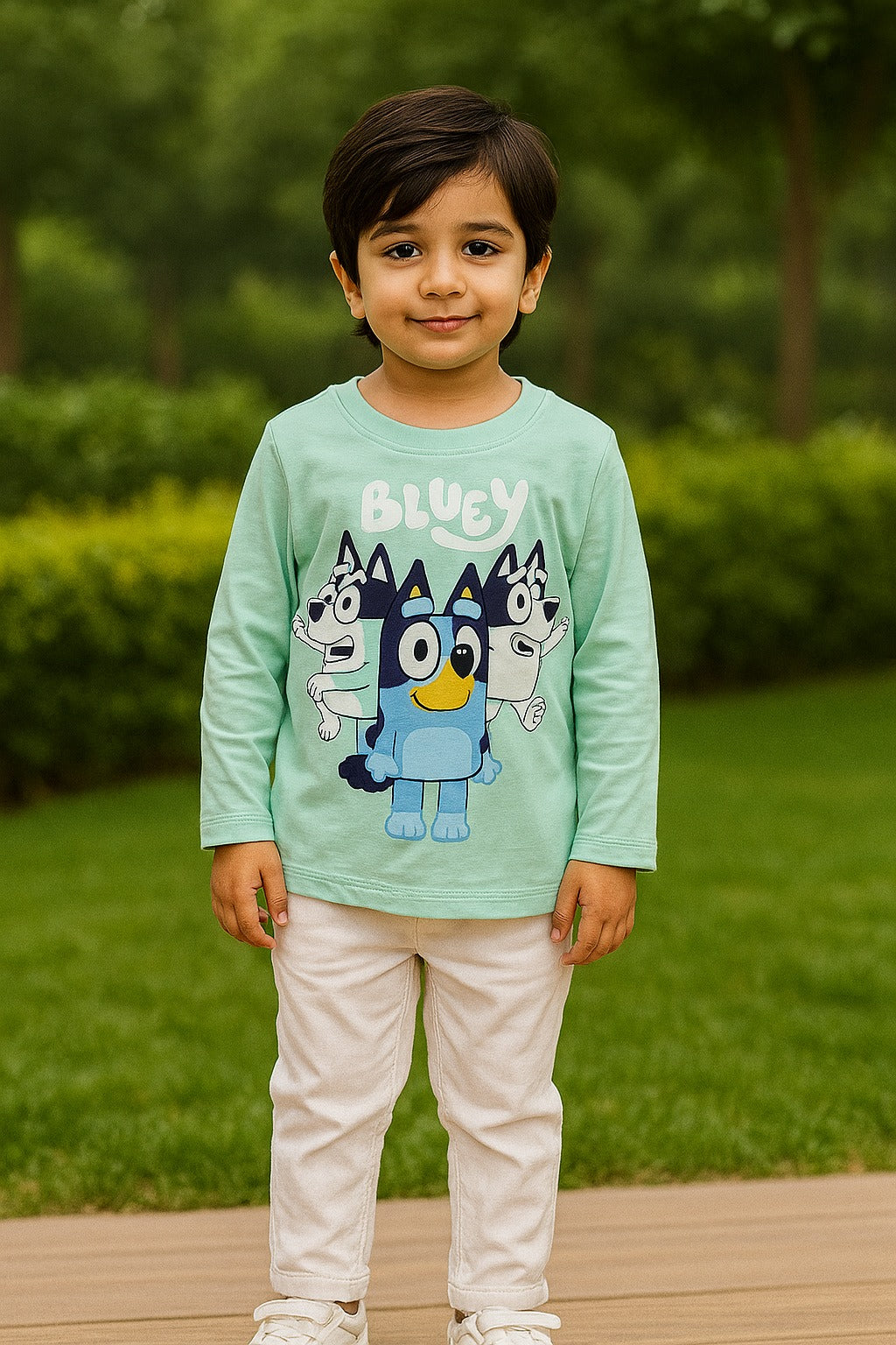 Kids Mint Cartoon Pup Long-Sleeve Tee