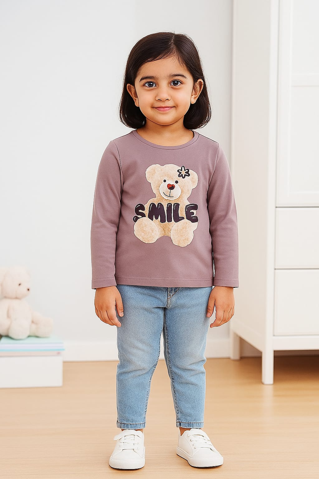 Girls’ “Smile” Teddy Bear Long Sleeve T-Shirt – Mauve