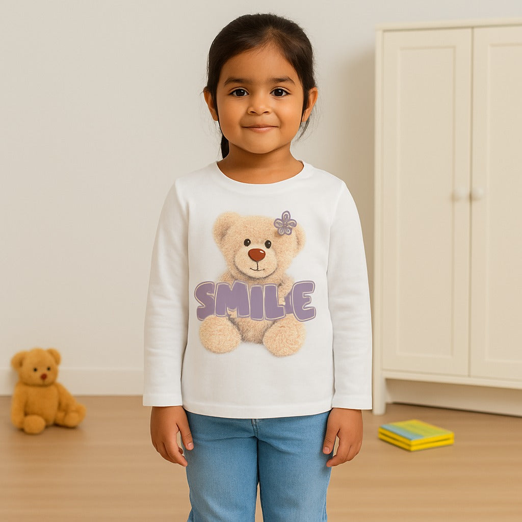 Toddler Girls’ Long Sleeve T-Shirt – “Smile” Teddy Bear Print