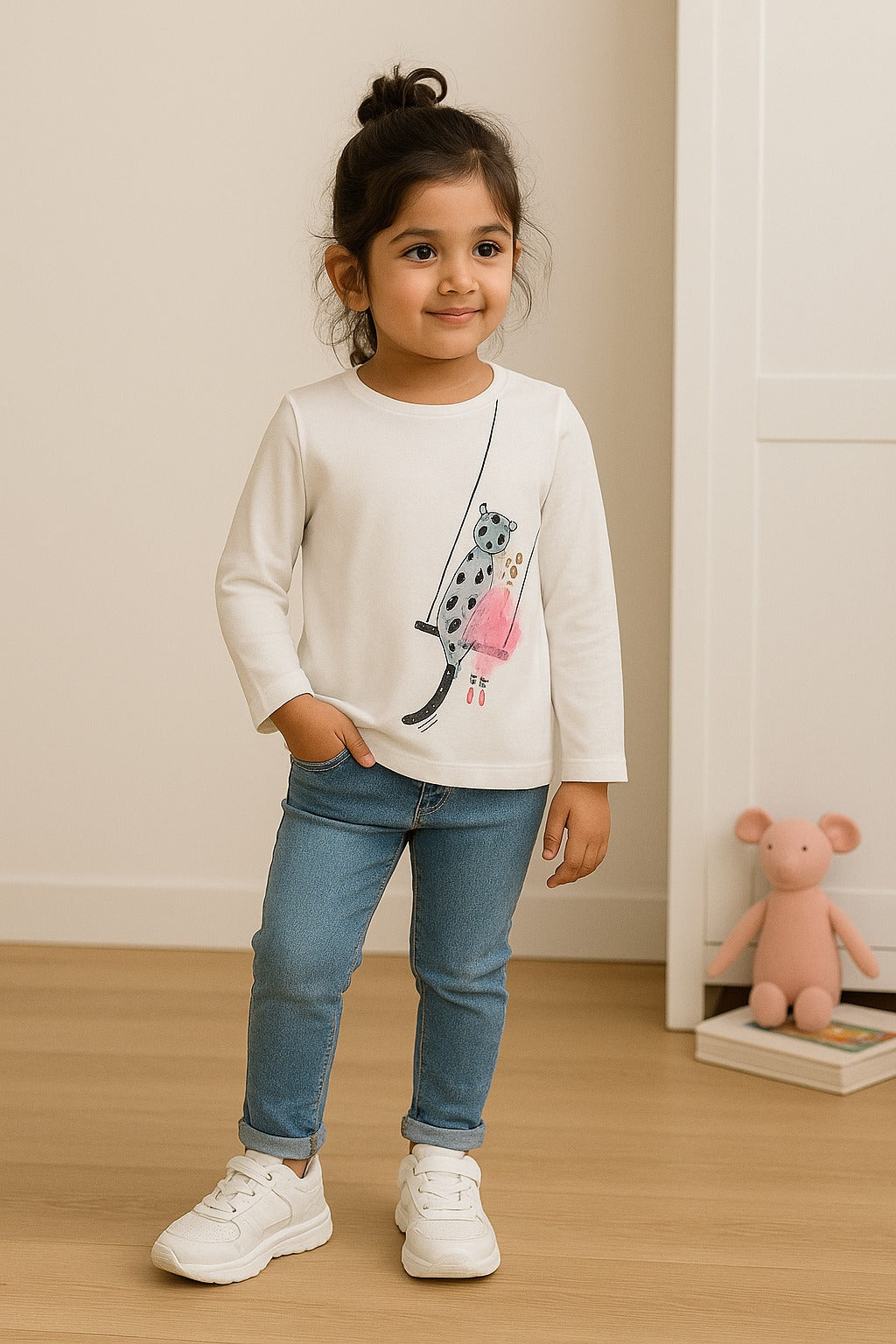 Girls’ Long Sleeve T-Shirt – “Ballerina & Cat on Swing” Print