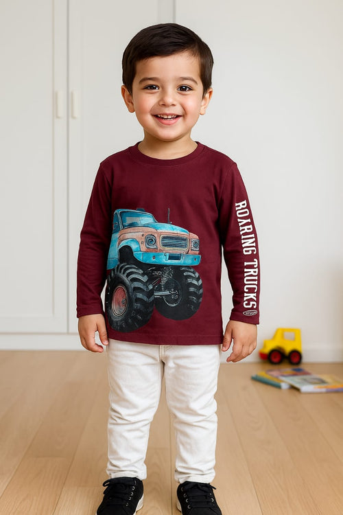 Boys Puff-Print “Roaring Trucks” Long-Sleeve Tee