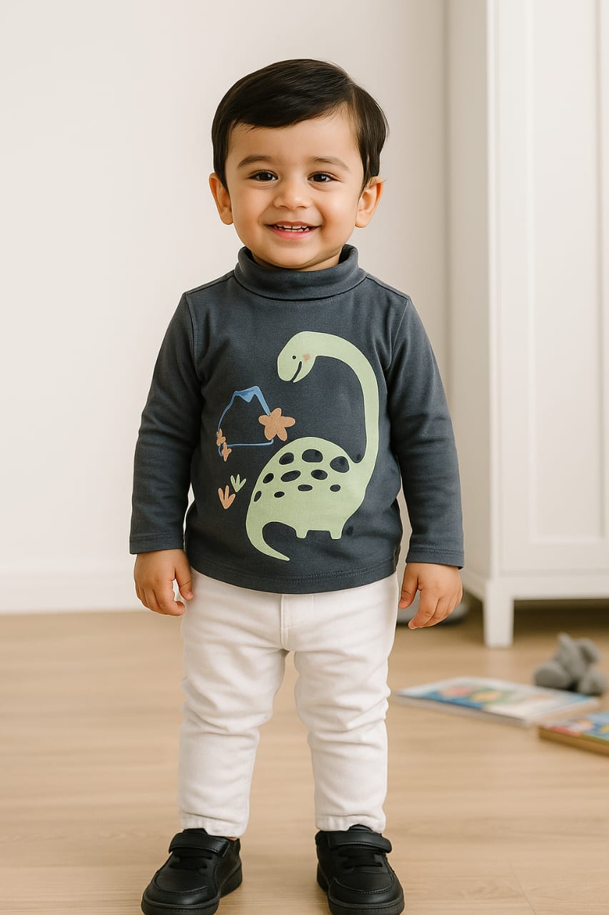 Folded-Neck Dino Long-Sleeve Tee – Soft Jersey