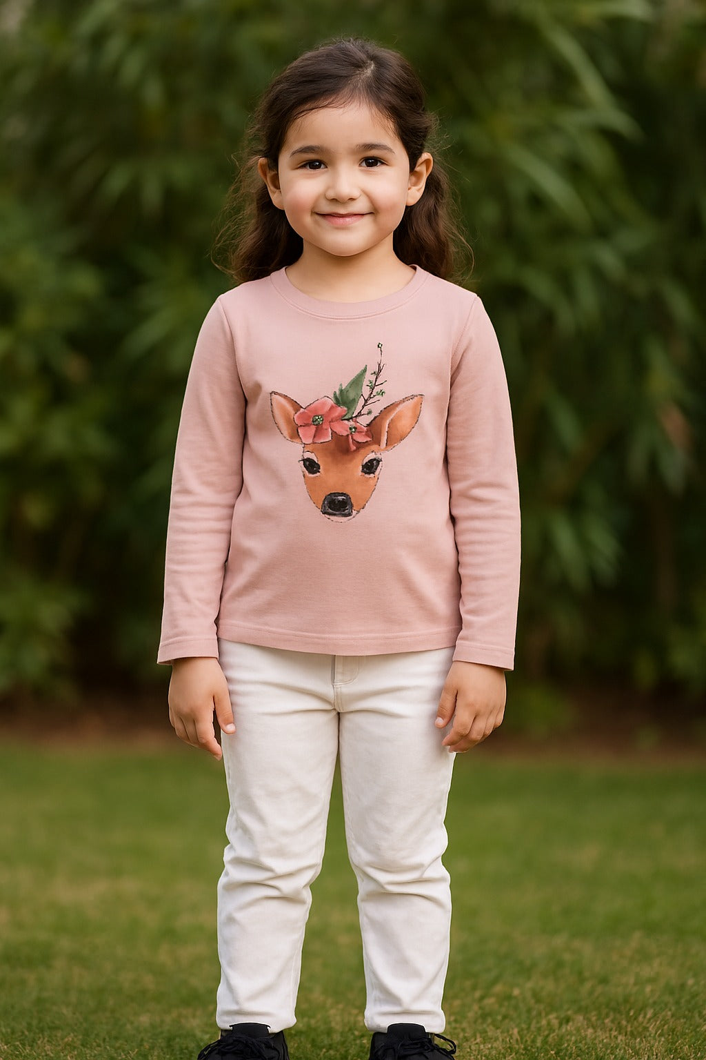 Girls Long-Sleeve Tee – Floral Deer & Gold Appliqué