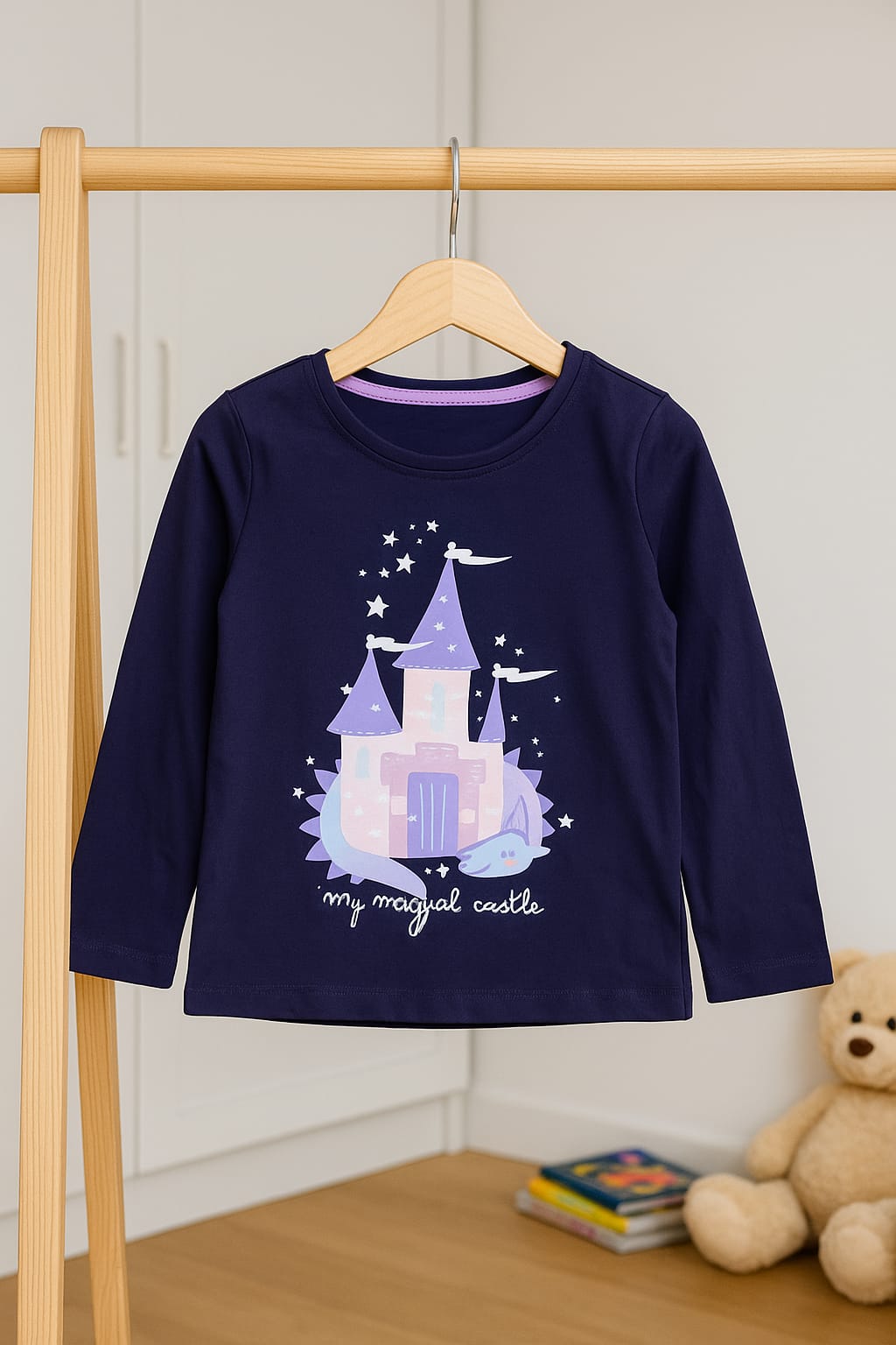 Girls “Blue Castle” Glossy-Print Long-Sleeve Tee