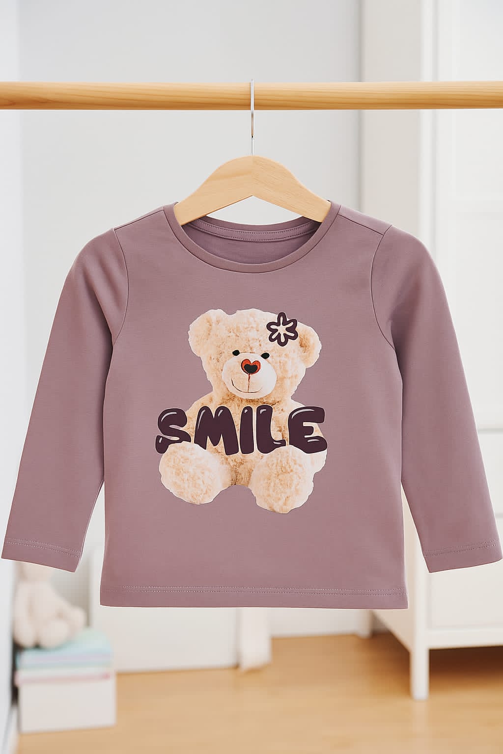 Girls’ “Smile” Teddy Bear Long Sleeve T-Shirt – Mauve
