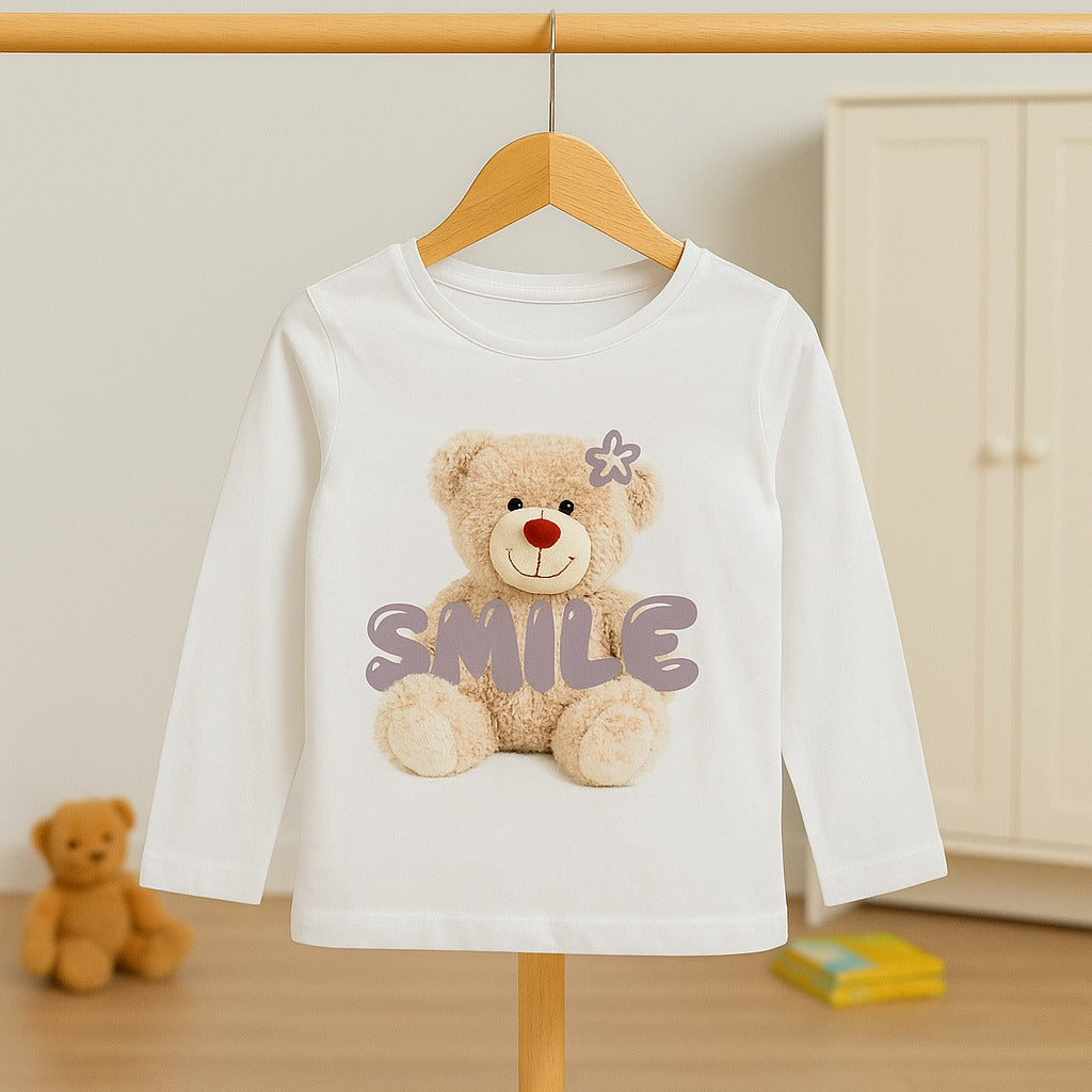 Toddler Girls’ Long Sleeve T-Shirt – “Smile” Teddy Bear Print