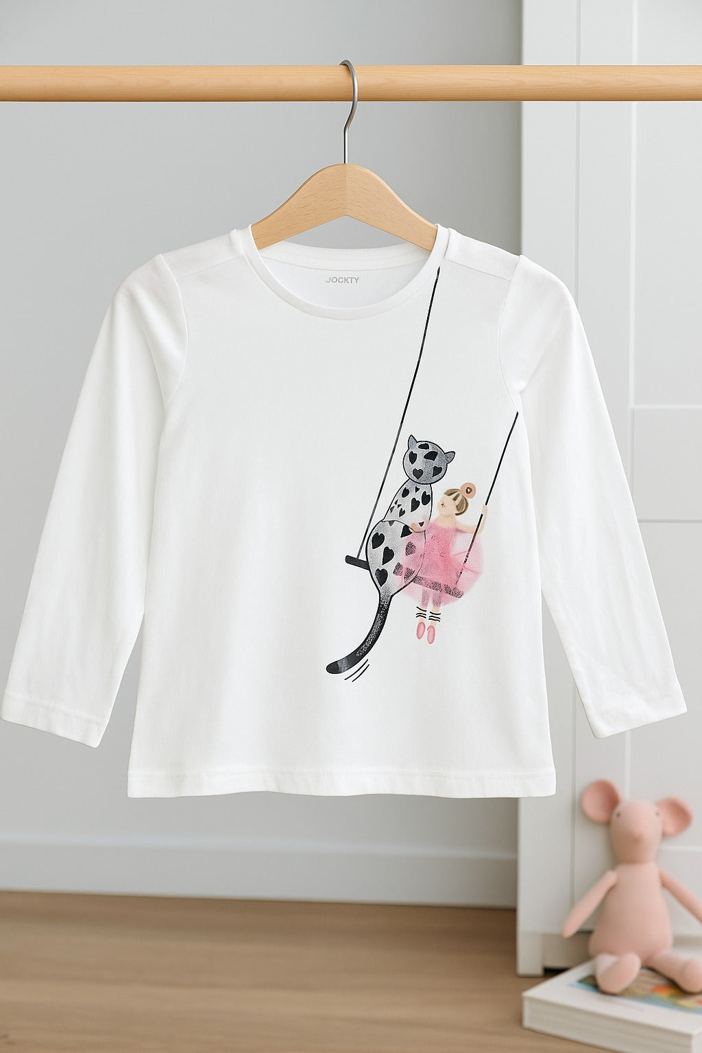 Girls’ Long Sleeve T-Shirt – “Ballerina & Cat on Swing” Print