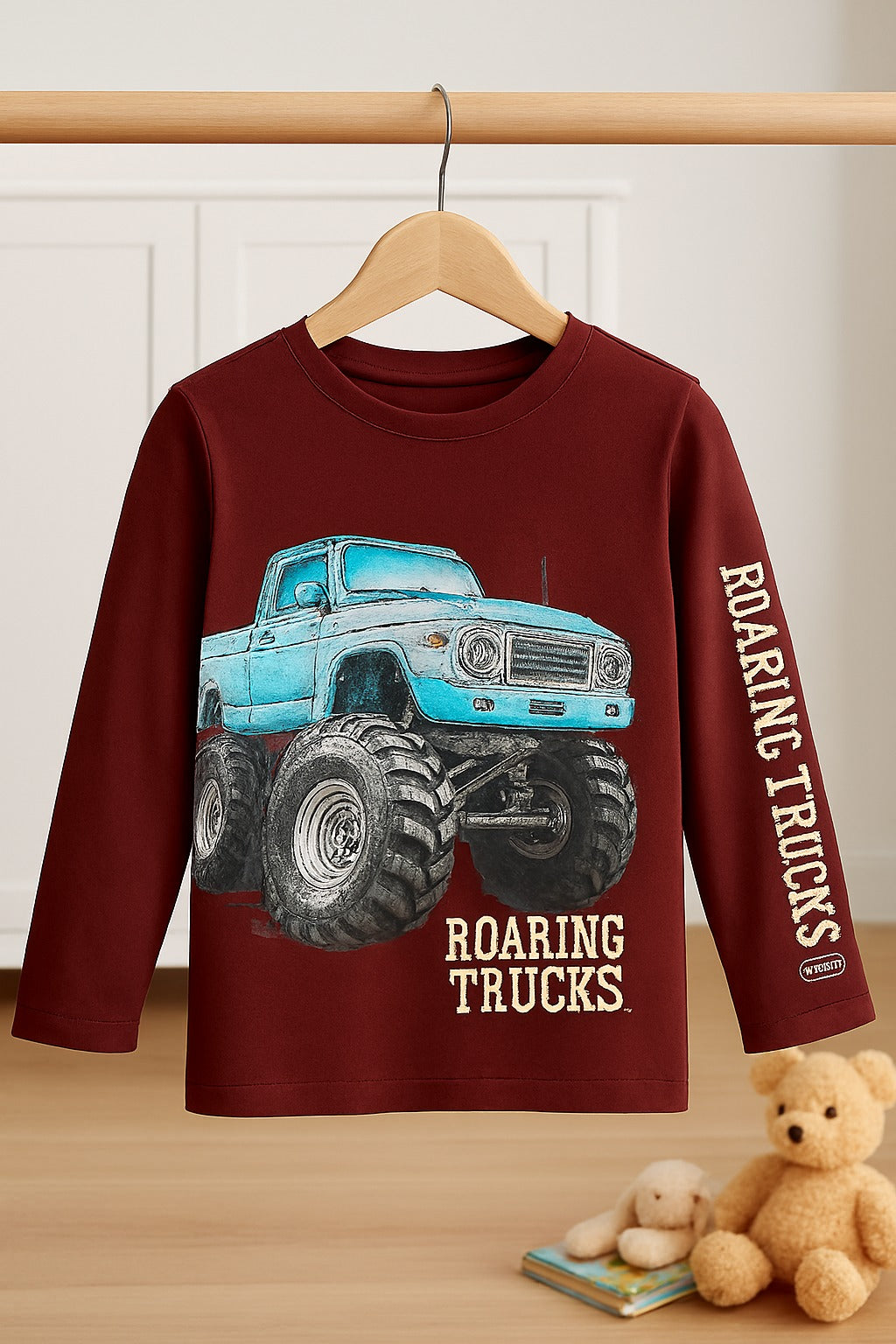 Boys Puff-Print “Roaring Trucks” Long-Sleeve Tee