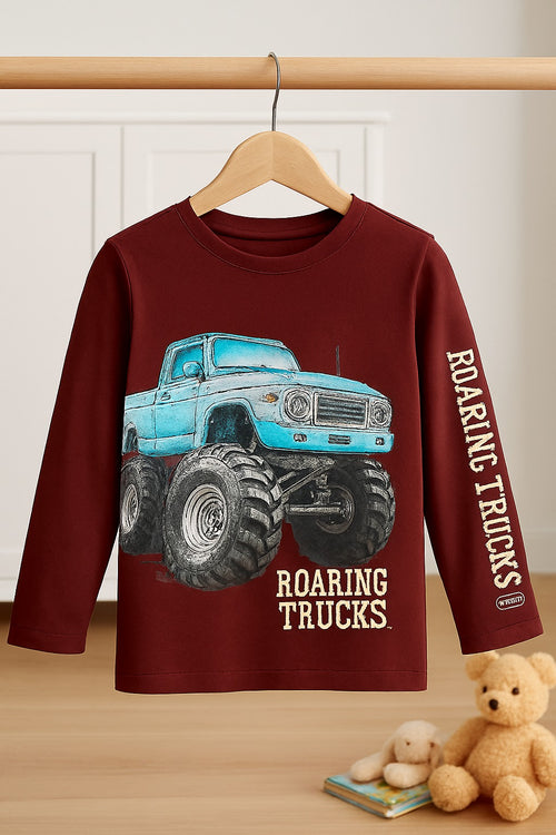 Boys Puff-Print “Roaring Trucks” Long-Sleeve Tee