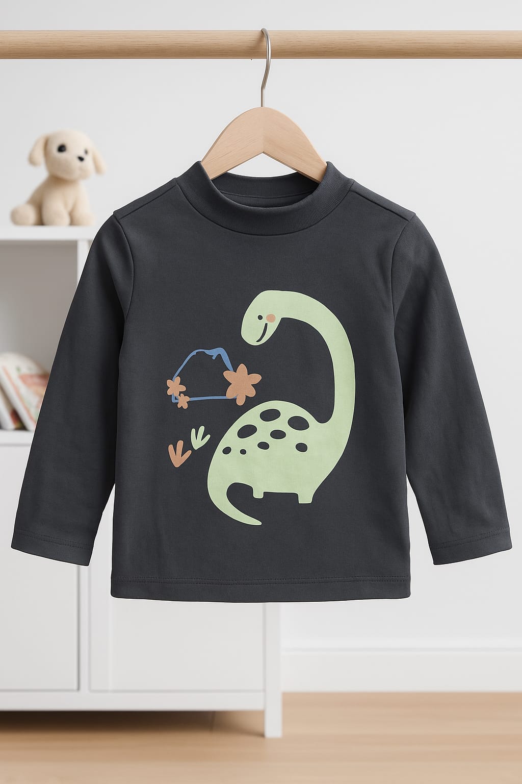 Folded-Neck Dino Long-Sleeve Tee – Soft Jersey