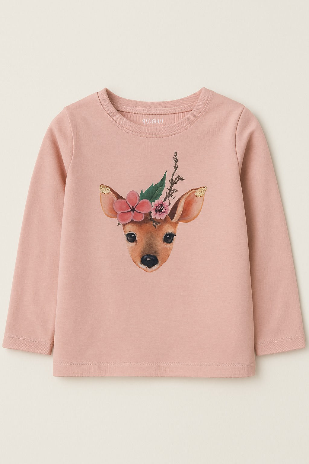 Girls Long-Sleeve Tee – Floral Deer & Gold Appliqué