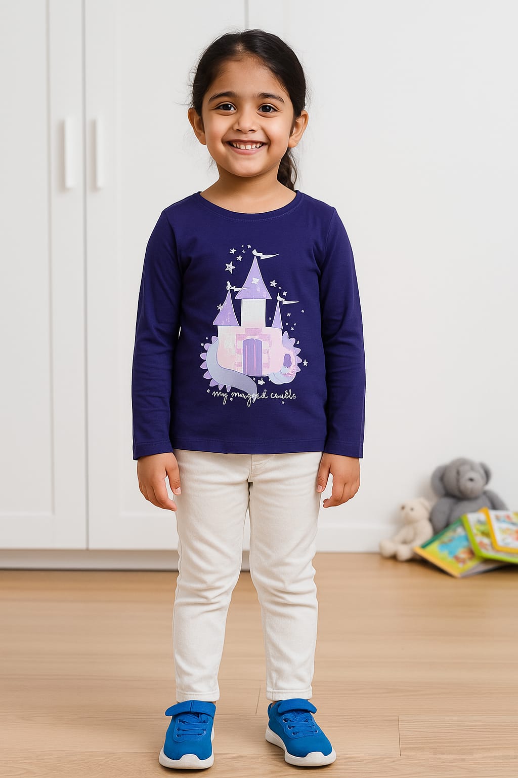 Girls “Blue Castle” Glossy-Print Long-Sleeve Tee